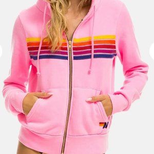 AVIATOR NATION WOMEN'S 5 STRIPE ZIP HOODIE NEON PINK/YELLOW PURPLE